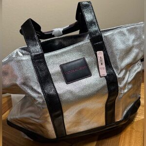Victorias Secret Large Weekend Tote Bag Metallic Silver Black Limited Edition